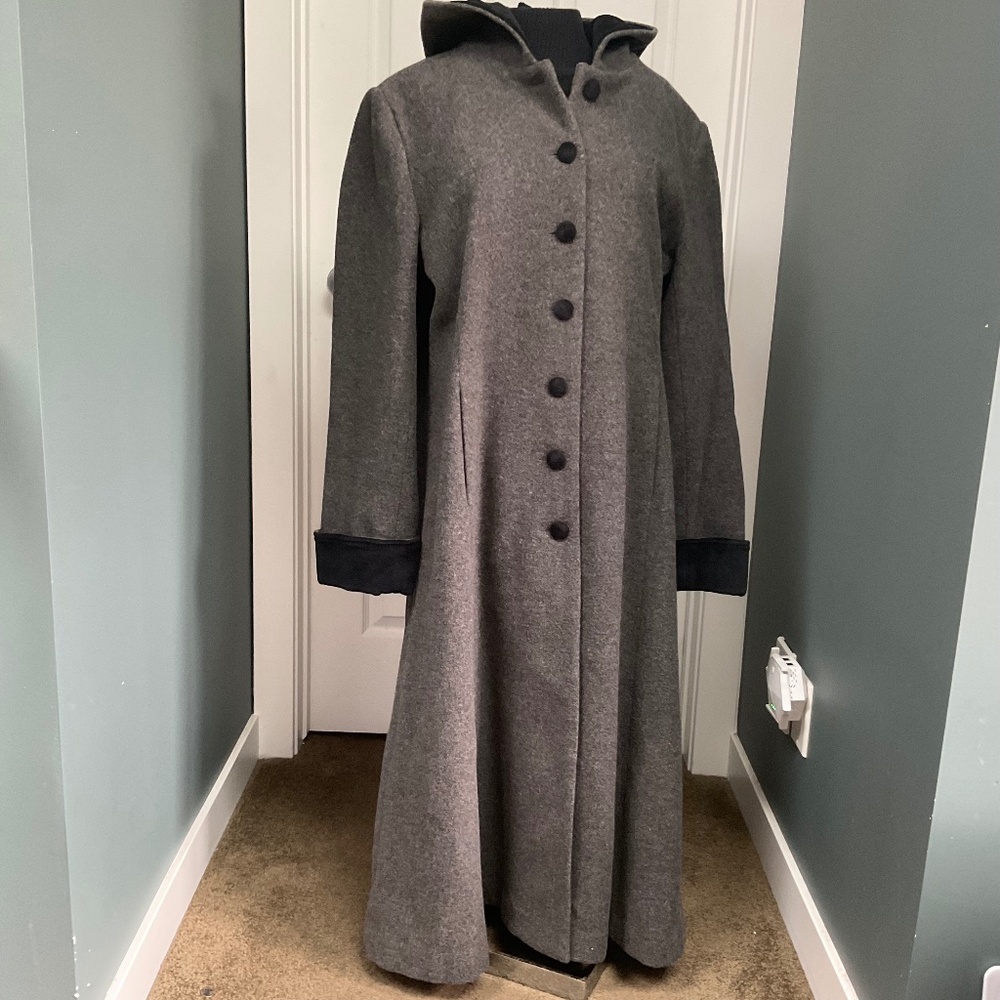 Hooded Long Wool Winter Coat with Velvet Lined Hood and Cuffs (size 12/large)